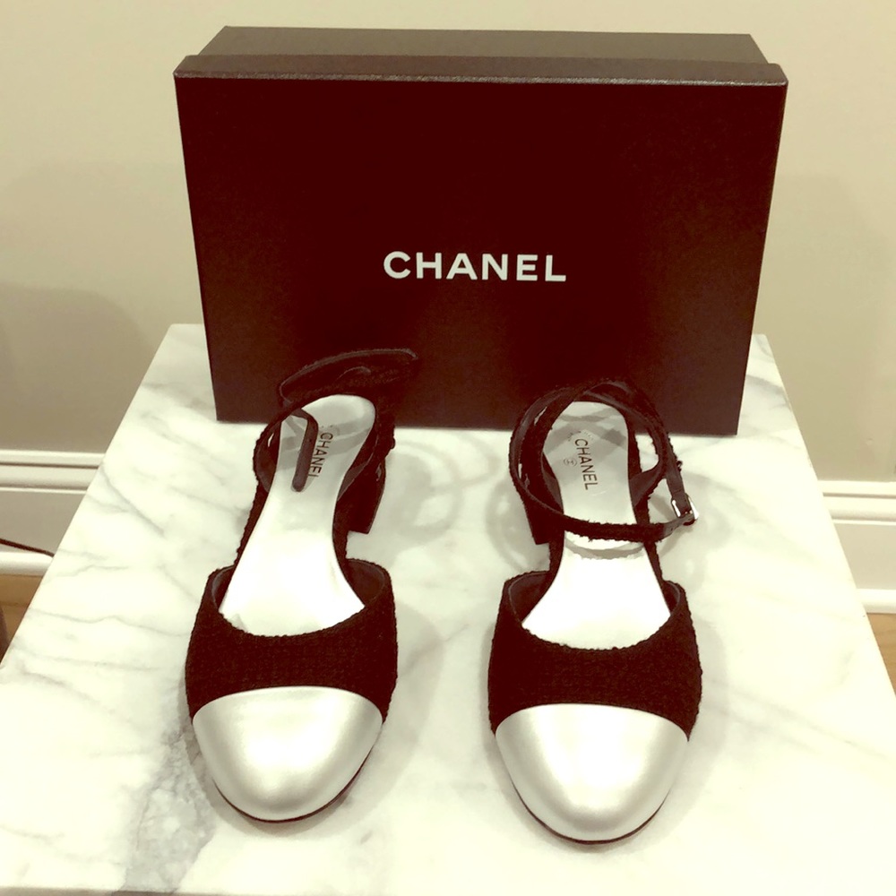 Chanel black and silver sandals